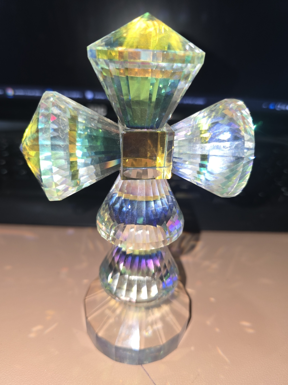 Oleg Cassini Signed Crystal Prism Cross Sculpture - Iridescent 6" Tall, Like New